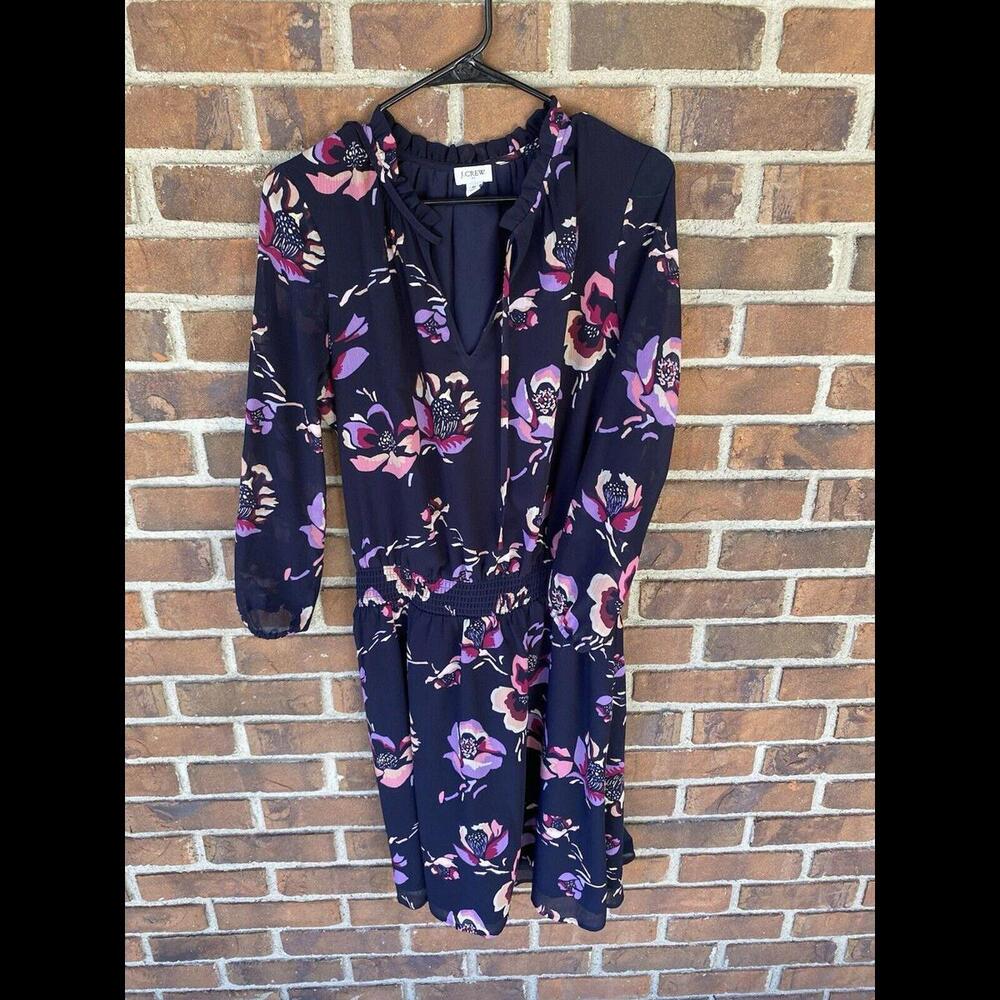 J Crew Tie-Neck Midi Dress in Midnight Navy Floral Long Sleeve SZ M